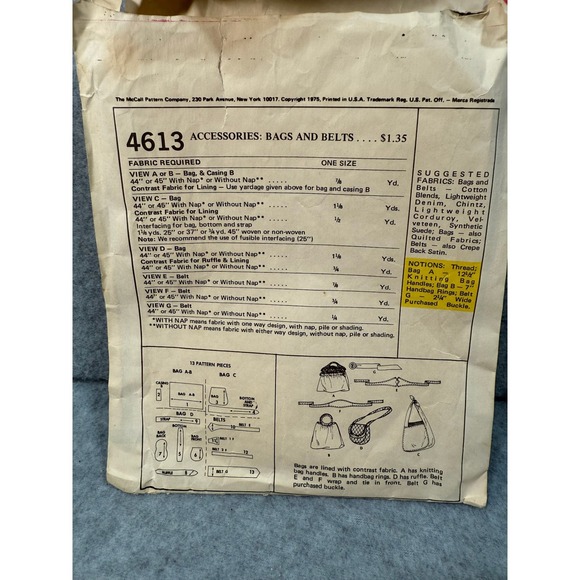 Vintage McCall's 4613 Sewing Pattern Bags Belts Accessories 1975 Some Cut 70's - Picture 11 of 13